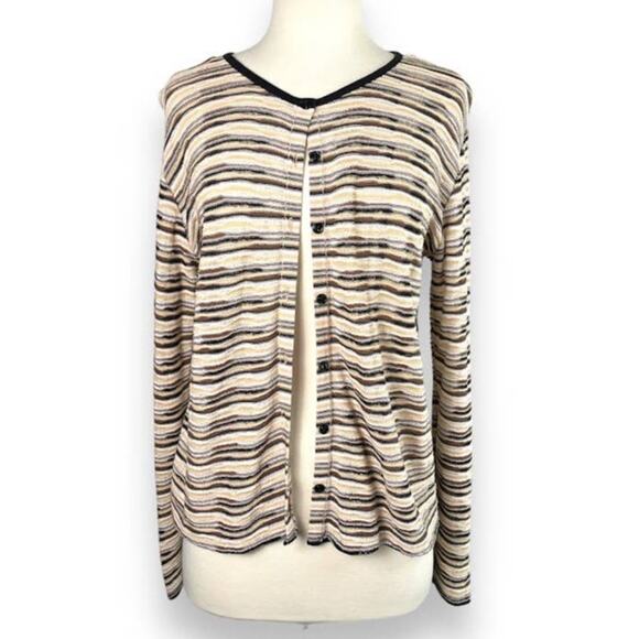 Y2K Cardigan Womens Small Brown Striped Long Sleeve Button Up Knit Sweater Vntg - Picture 1 of 8